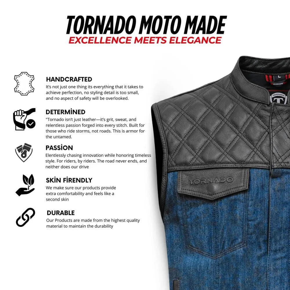 Gray quilted jacket with blue accents on a white background, featuring Tornado Moto branding.