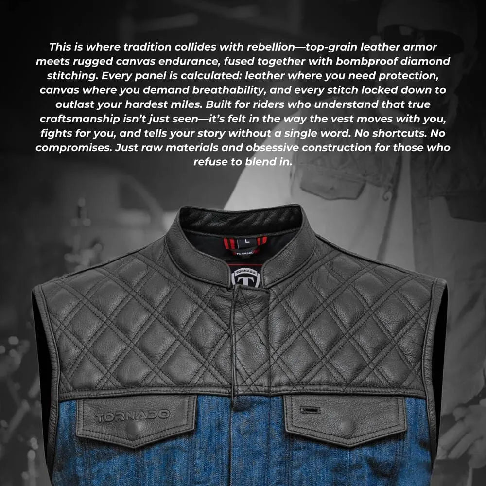 Denim vest with quilted leather collar and text about craftsmanship and durability.