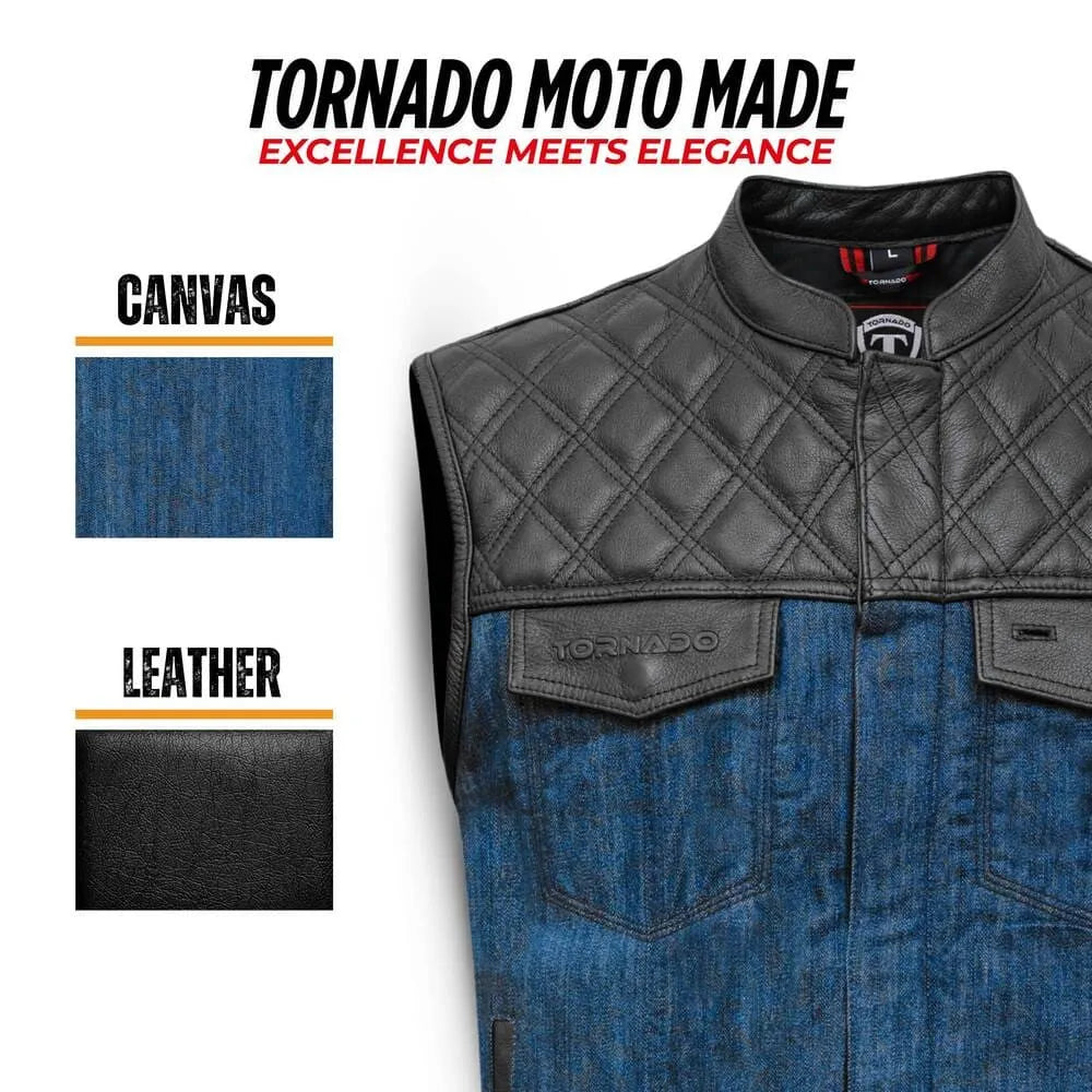 Denim and leather vest with Tornado branding, featuring canvas and leather color swatches.