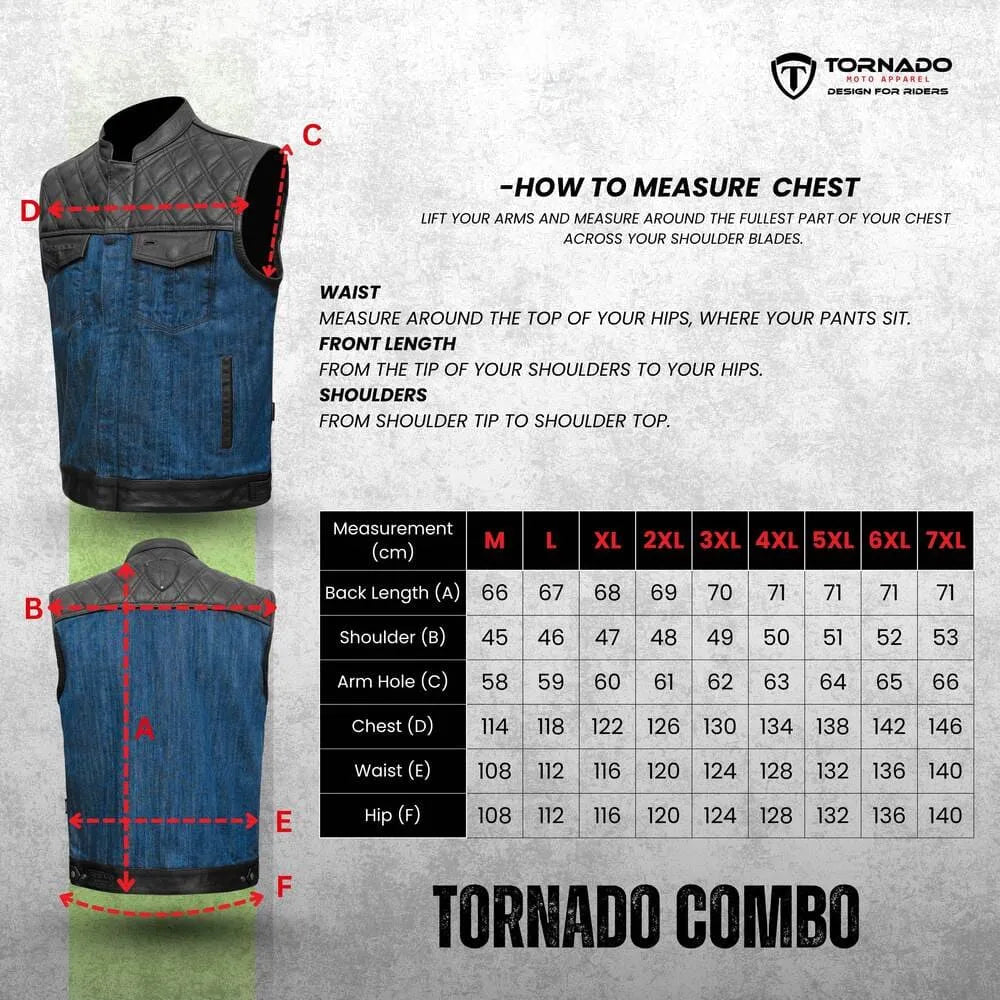 Measurement guide for a denim vest with Tornado branding