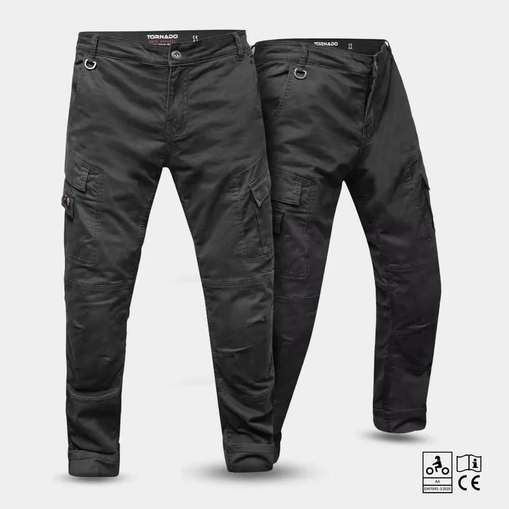 Men’s black Kevlar motorcycle jeans shown from front and back, featuring armoured cargo pockets and protective AA-rated design — premium motorcycle riding jeans in the UK