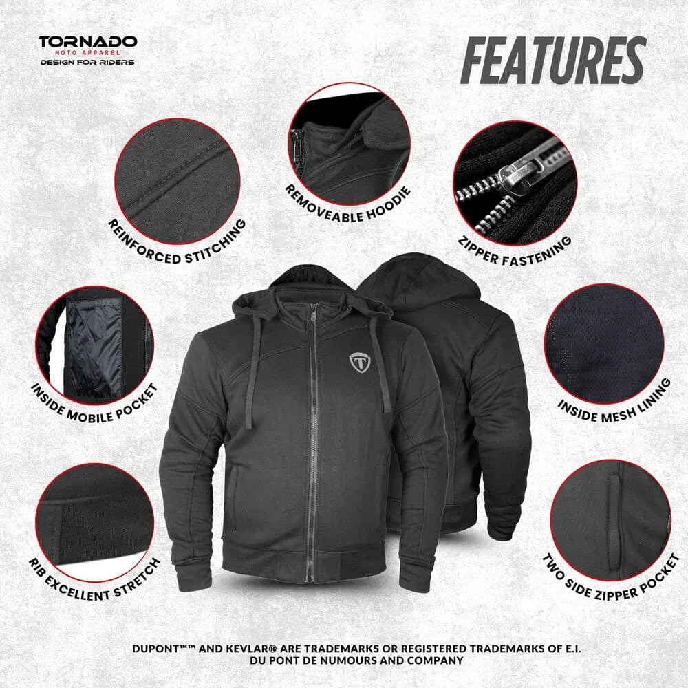 Black motorcycle hoodie with features highlighted on a gray background