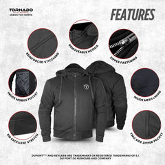 Black motorcycle hoodie with features highlighted on a gray background