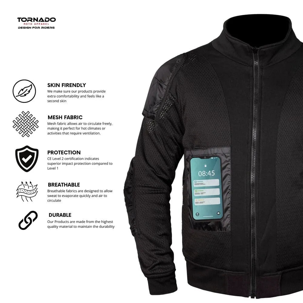 Black motorcycle hoodie with digital display on sleeve, featuring Tornado brand, on a white background.