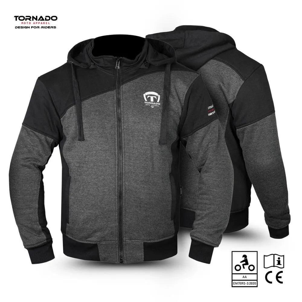 Black and gray motorcycle hoodie with Tornado brand logo on a white background