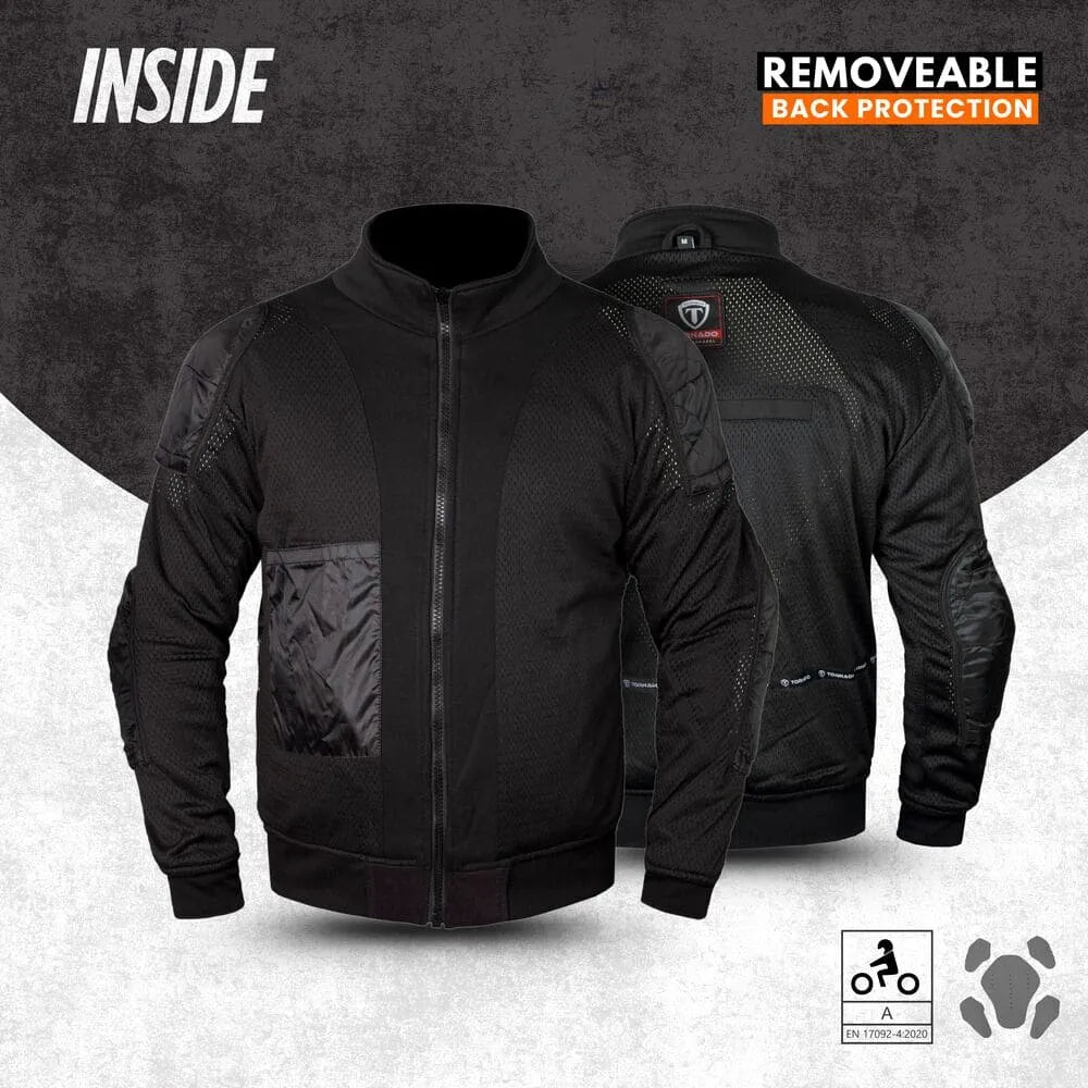 Black motorcycle hoodie with removeable back protection feature on a gray background