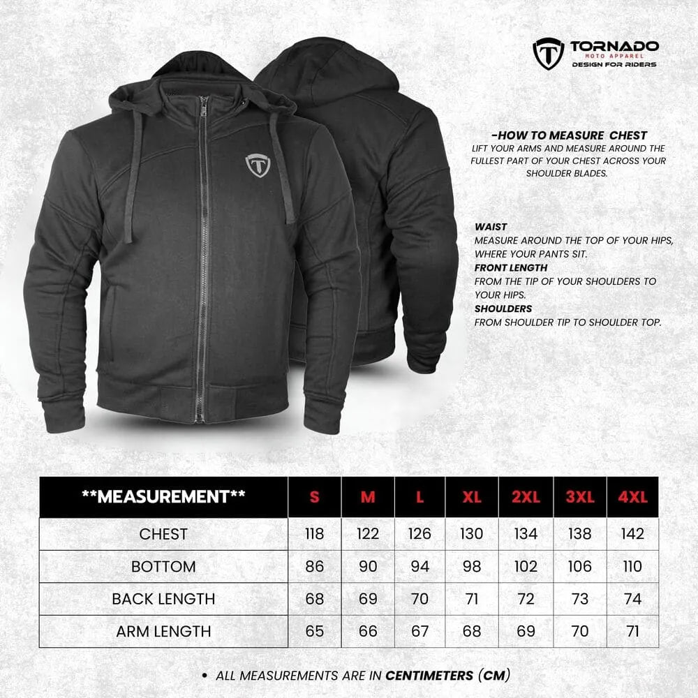 Black motorcycle hoodie with measurement chart on a gray background