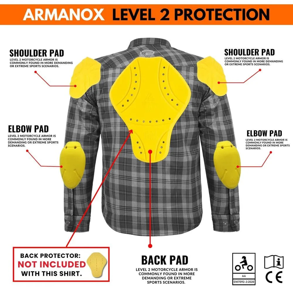 Men’s black and gray plaid Kevlar shirt with Armanox Level 2 protection, including shoulder, elbow, and back pads for enhanced motorcycle safety.