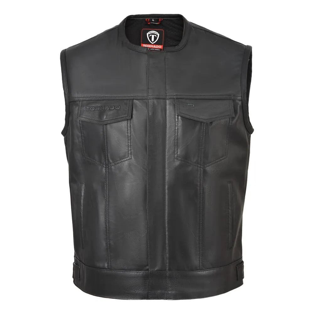 Men's real leather biker waistcoat with Tornado logo, 100% genuine leather. Stylish black motorcycle vest perfect for riders. Features a sleek design and high-quality craftsmanship
