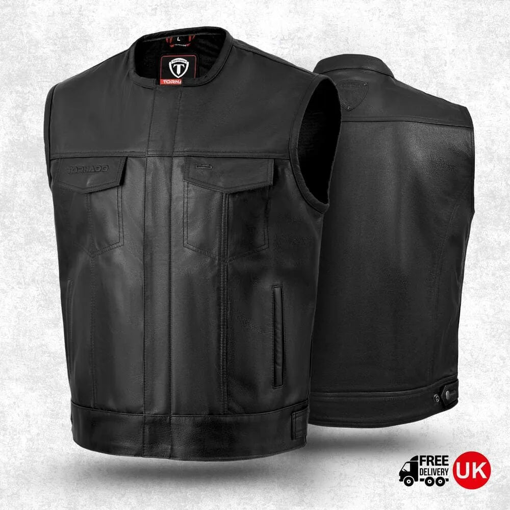Front view of men's black leather biker vest, showcasing high-quality genuine leather. This leather motorcycle vest features durable craftsmanship and sleek styling. Free UK delivery on this leather biker vest, designed for style and comfort