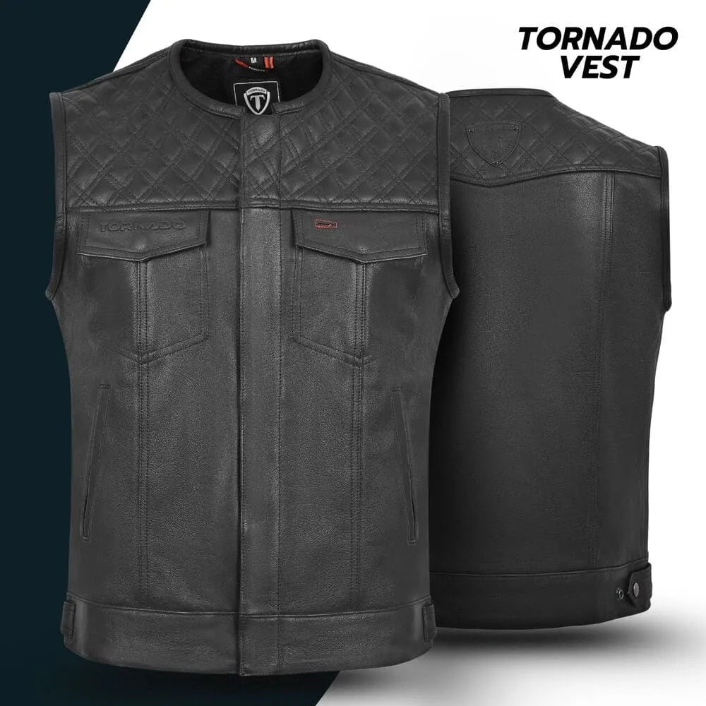 Men's Tornado leather biker vest with a quilted design, featuring a high-quality genuine leather build. Ideal for motorcycle enthusiasts seeking durability and style