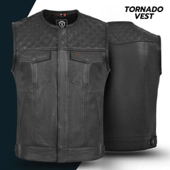 Men's Tornado leather biker vest with a quilted design, featuring a high-quality genuine leather build. Ideal for motorcycle enthusiasts seeking durability and style