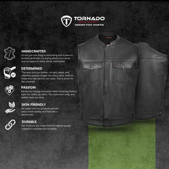 Men's genuine leather biker vest with metal closures and Tornado branding. Stylish and durable design for motorcycle enthusiasts. Black leather waistcoat perfect for club style