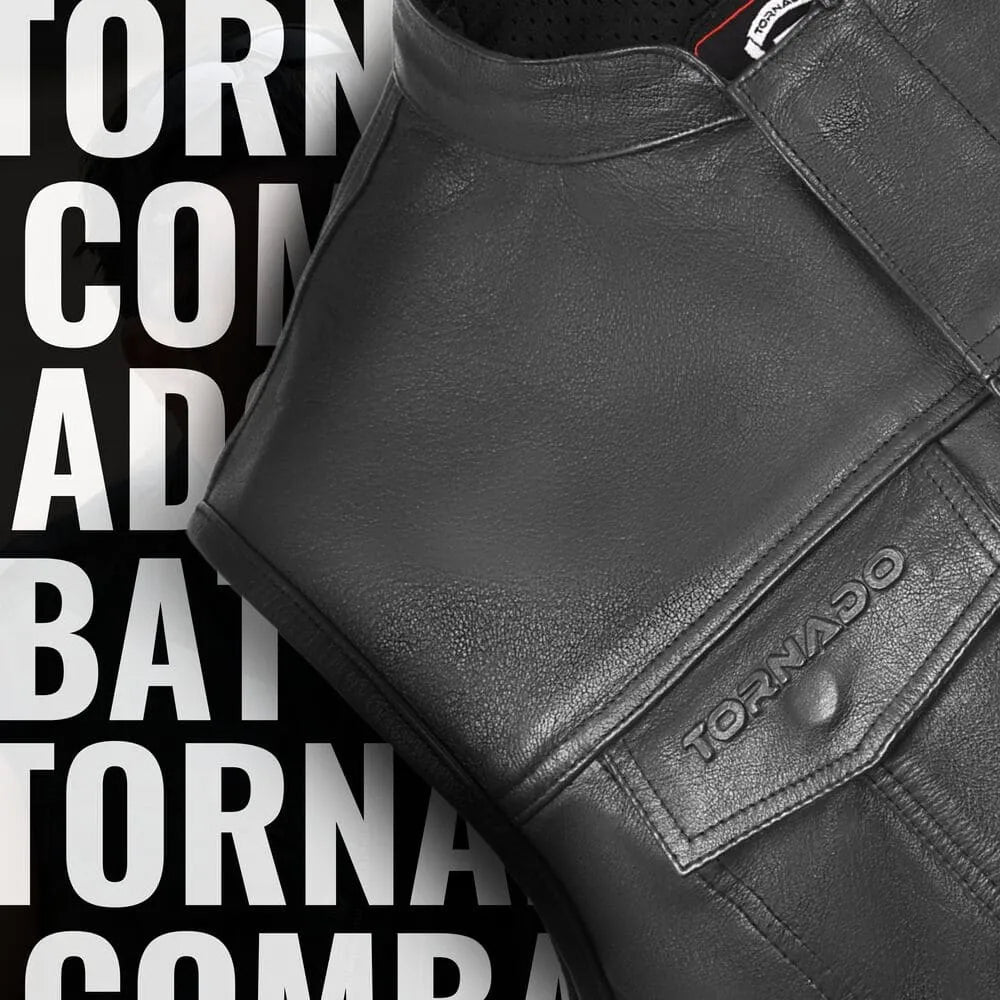Black leather jacket with 'Tornado' branding on a black background with brand name text.