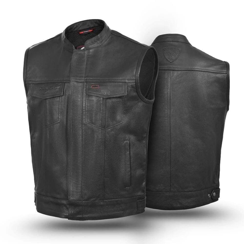 Men's black real leather biker waistcoat with classic motorcycle cut. Features durable stitching, a clean look, and the Tornado logo. Ideal for motorcyclists seeking style and comfort