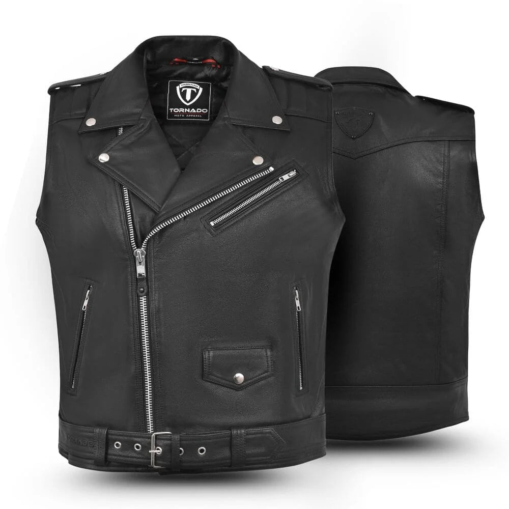 Black leather vest with zippers and a visible brand logo on a white background