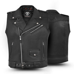 Black leather vest with zippers and a visible brand logo on a white background