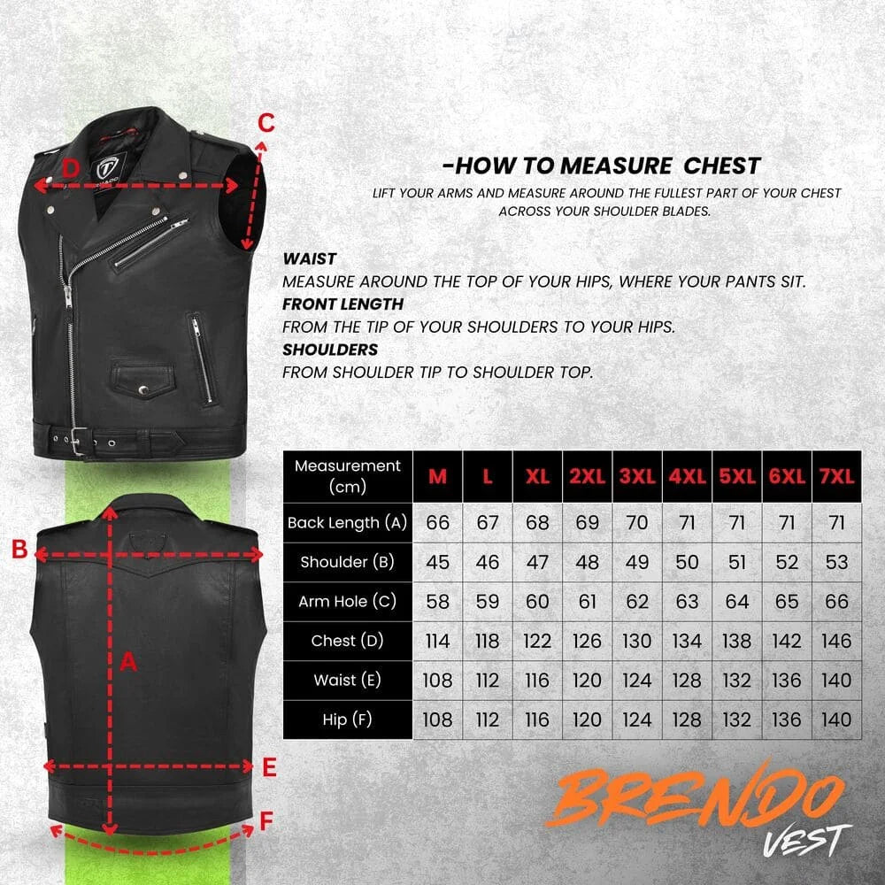 Black leather vest with measurement chart and BRENDVest branding on a gray background