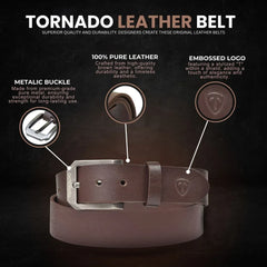 Brown leather belt with metallic buckle on a dark background, featuring text about belt quality and design.