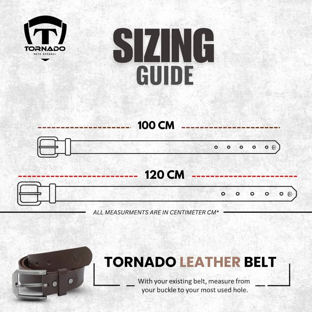Sizing guide for Tornado leather belt with measurements in centimeters
