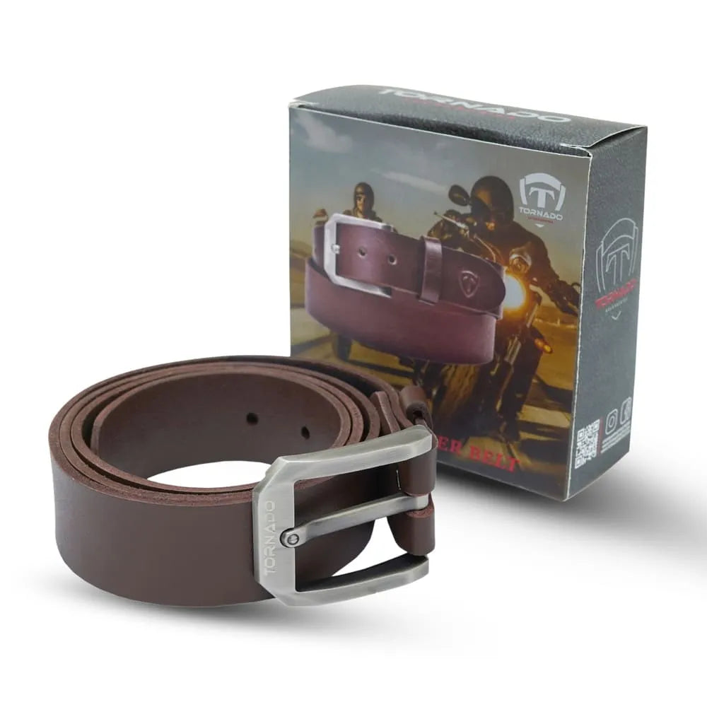 Brown leather belt with silver buckle next to its packaging on a white background