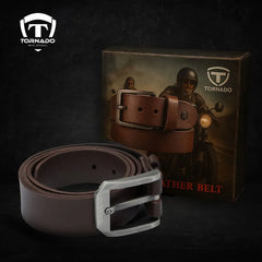 Brown leather belt with silver buckle and Tornado brand packaging on a dark background