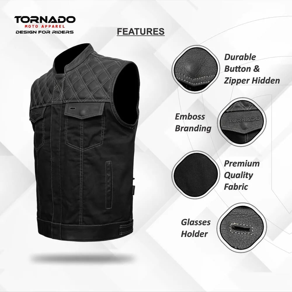 Black vest with features highlighted on a white background, branded as Tornado Moto Apparel.