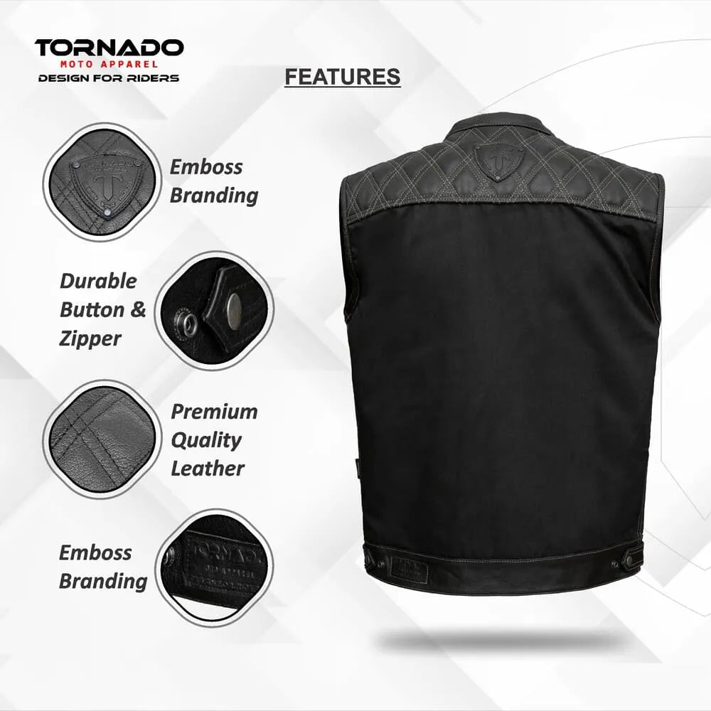 Black motorcycle vest with gray quilted collar, featuring Tornado Moto Apparel branding and product features.