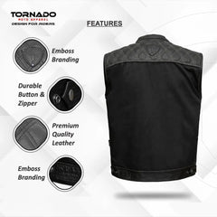 Black motorcycle vest with gray quilted collar, featuring Tornado Moto Apparel branding and product features.