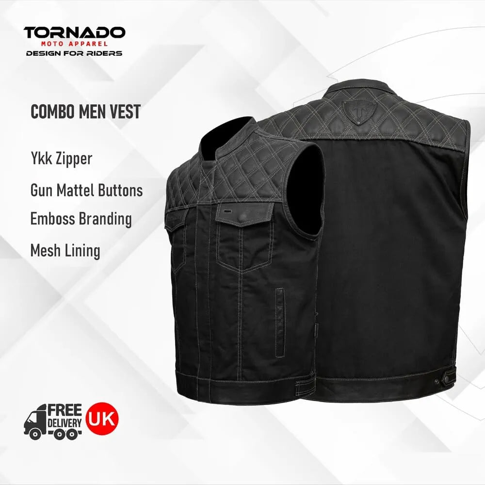 Black men's vest with quilted design on a white background, featuring Tornado Moto Apparel branding.