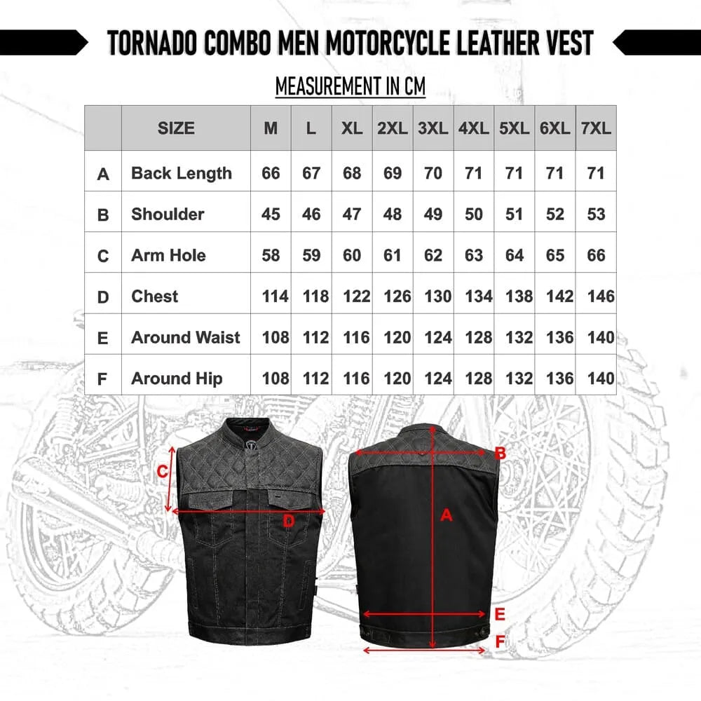 Motorcycle leather vest with size chart and measurements on a white background