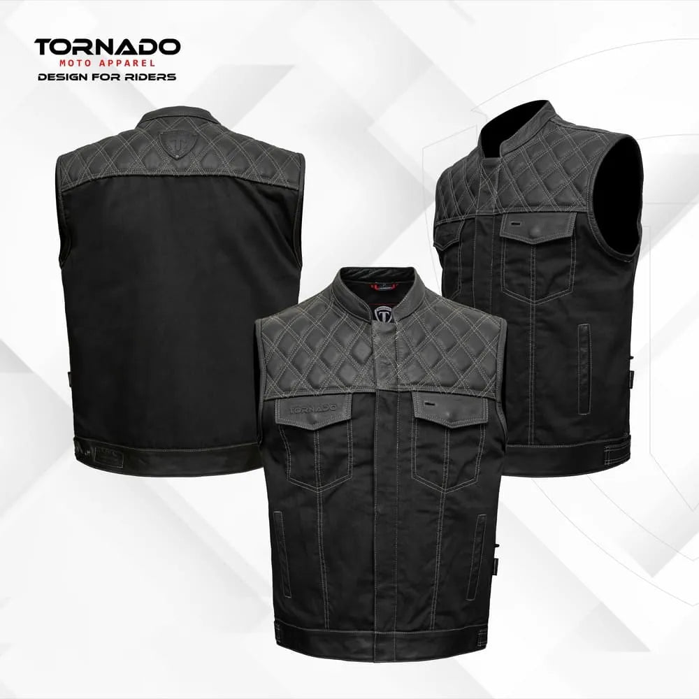 Black motorcycle vest with quilted design on a white background, featuring Tornado Moto Apparel branding.