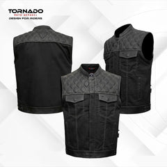 Black motorcycle vest with quilted design on a white background, featuring Tornado Moto Apparel branding.