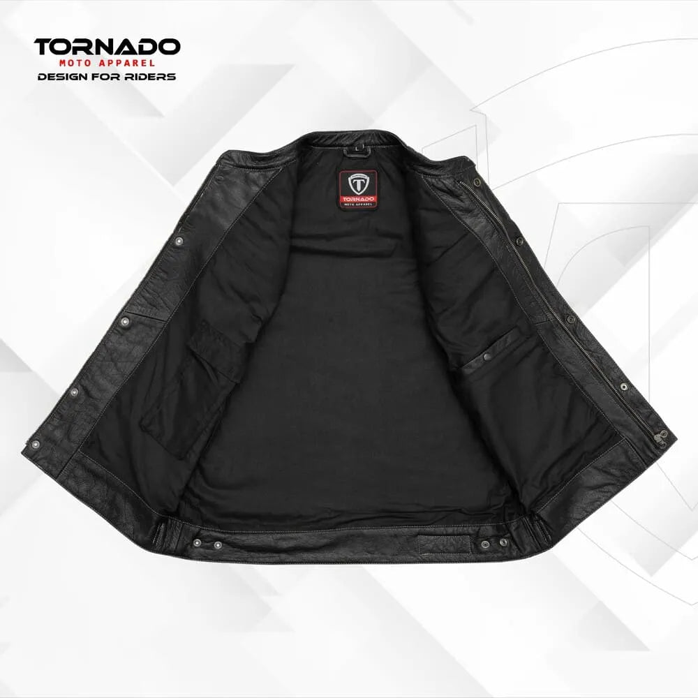 Black motorcycle jacket with Tornado logo on a white background