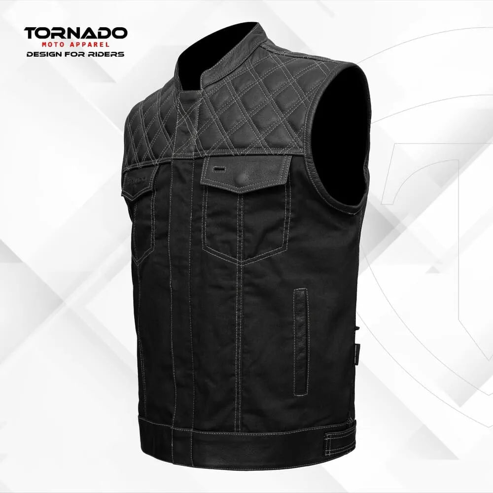 Black sleeveless jacket with quilted design on a white background, branded as Tornado Moto Apparel.