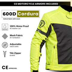 Features of mens CE approved mesh jacket with 600D Cordura oxford fabric 100% waterproof mesh air ventilation adjustable velcro and YKK zipper