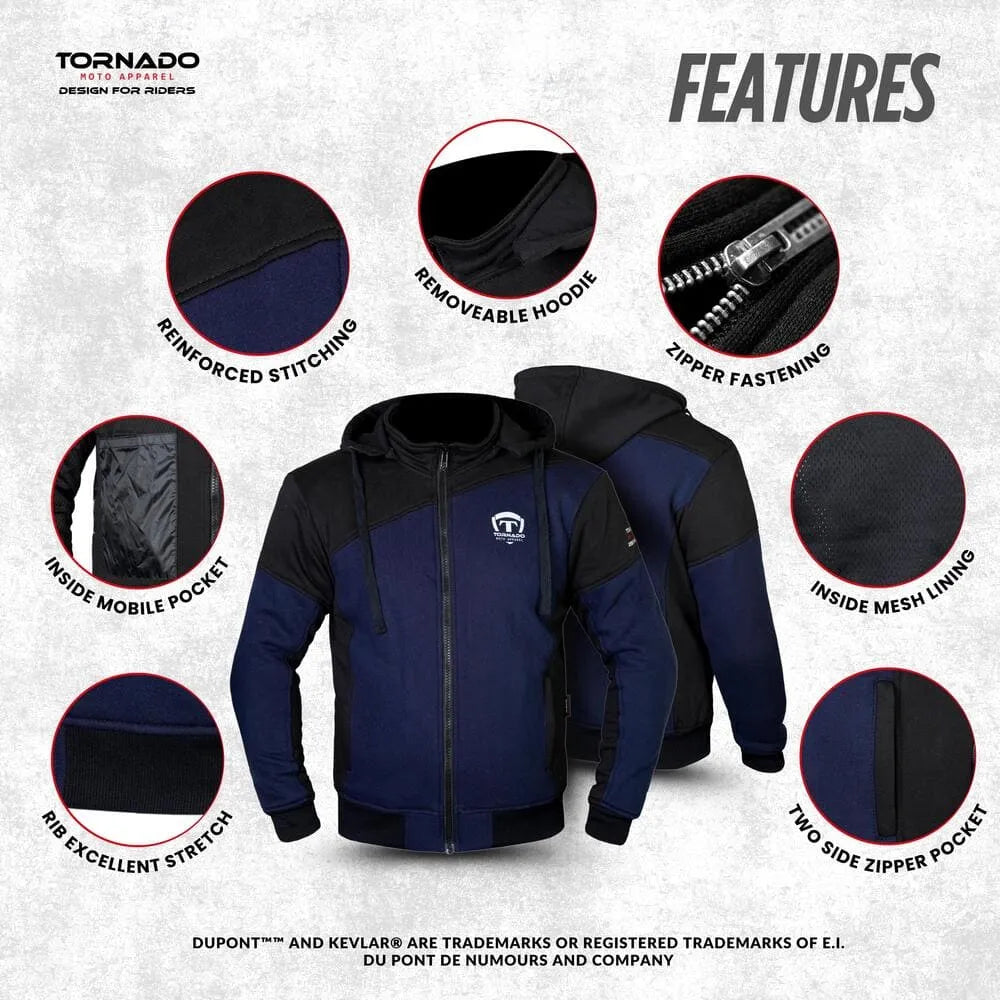Blue and black motorcycle hoodie with features highlighted on a gray background