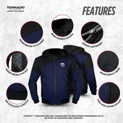 Blue and black motorcycle hoodie with features highlighted on a gray background