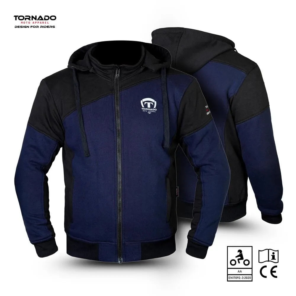 Blue and black motorcycle hoodie  with Tornado brand logo on a white background