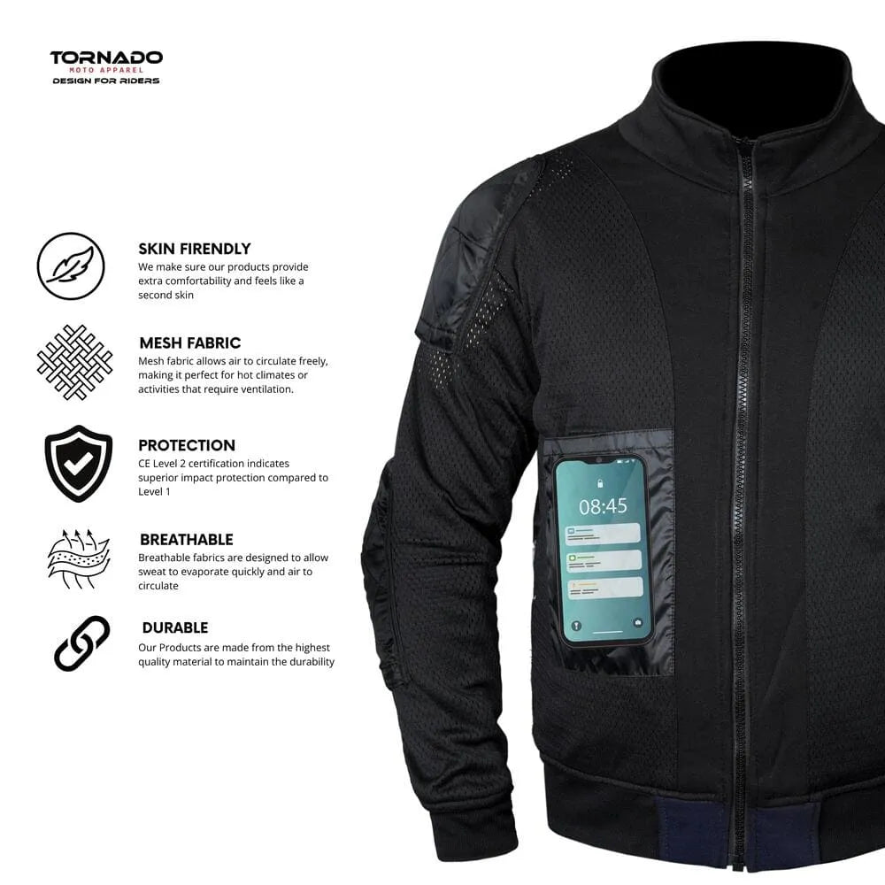 Blue and black motorcycle hoodie with digital display on sleeve, featuring Tornado brand, on a white background.