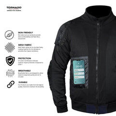 Blue and black motorcycle hoodie with digital display on sleeve, featuring Tornado brand, on a white background.