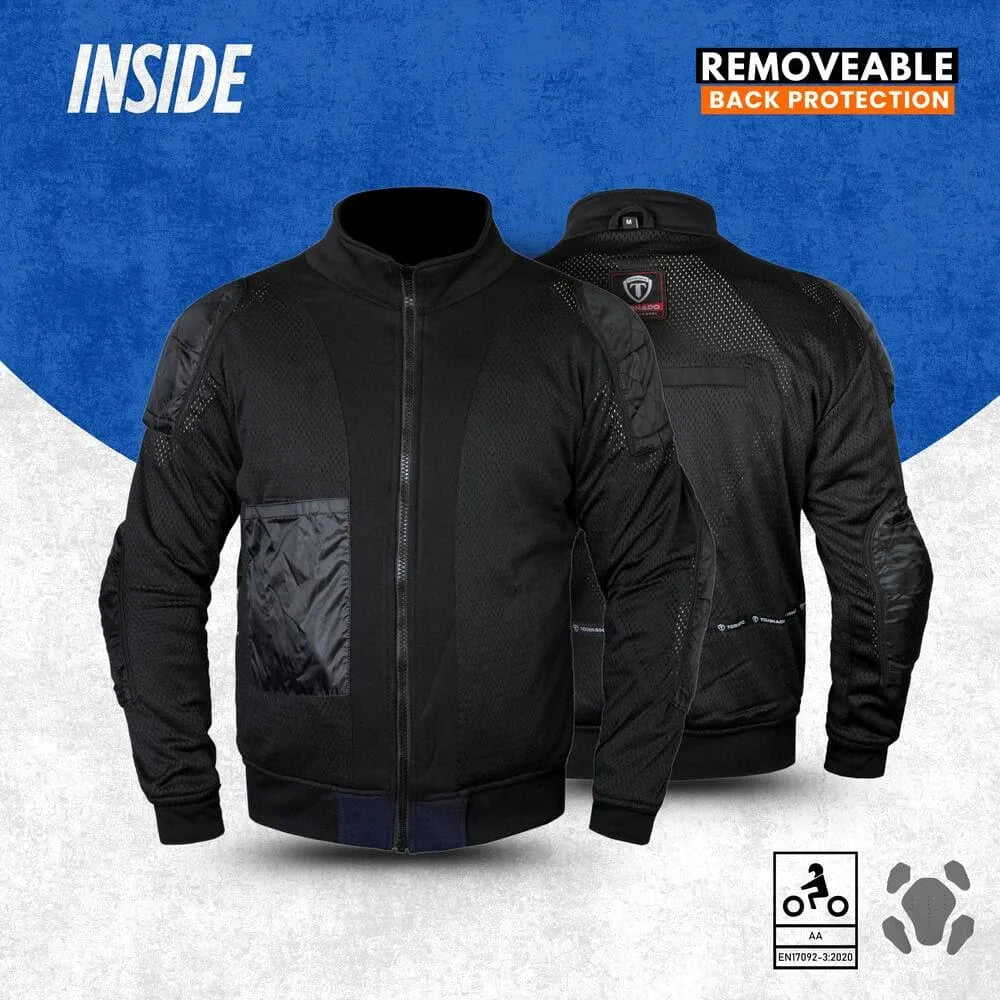 Blue and black motorcycle hoodie  with removeable back protection on a blue and white background