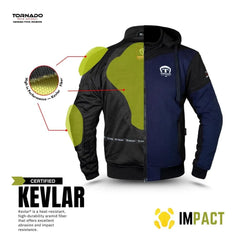 Blue and black motorcycle hoodie  with Kevlar certification on a white background