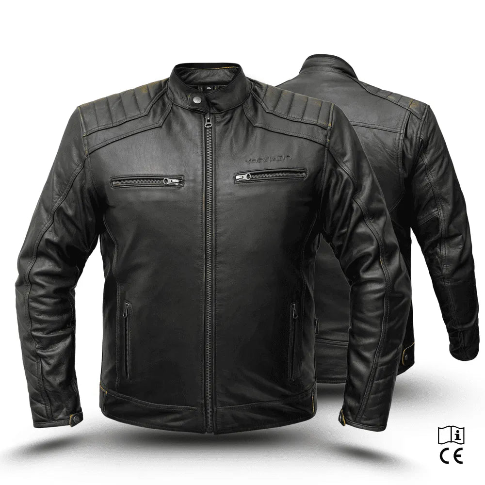 Black leather jacket shown from front and back on a white background