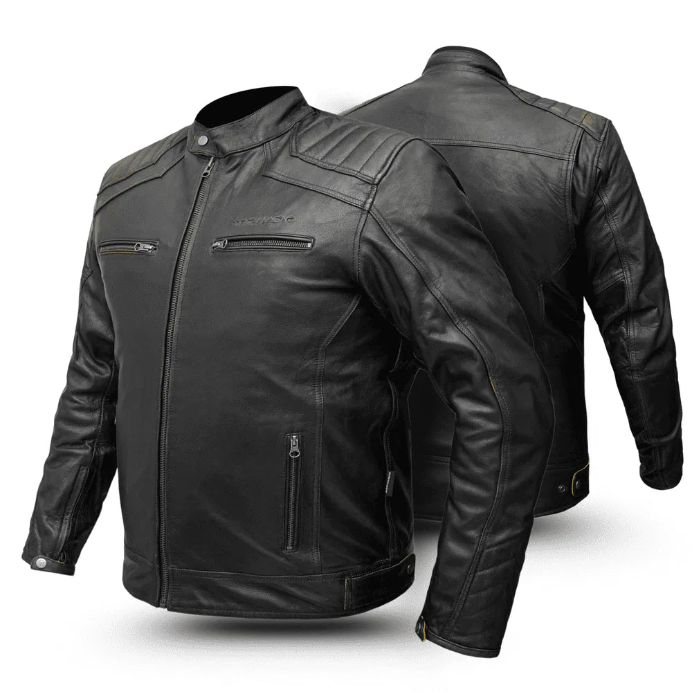 Black leather jacket shown from front and back on a white background