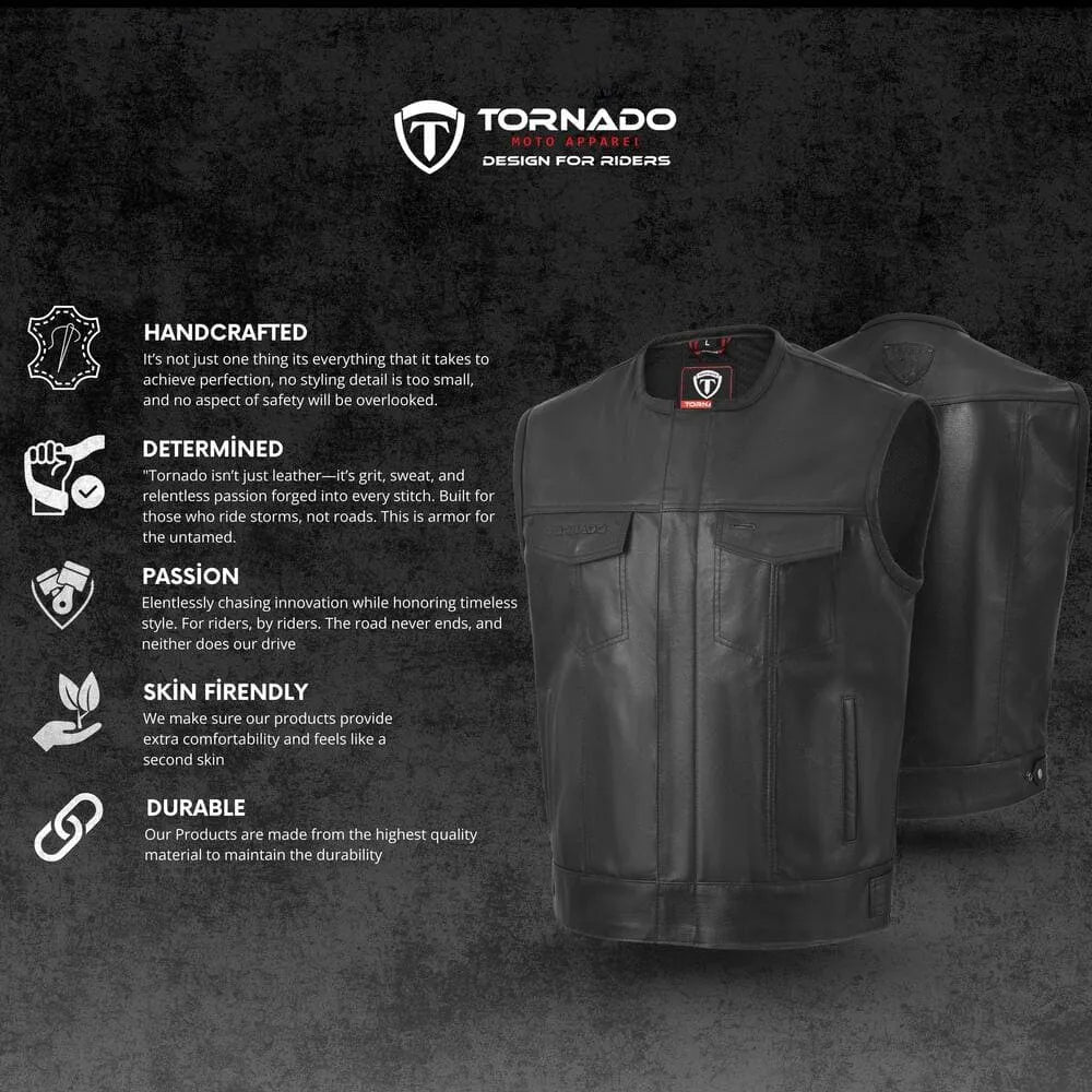 Black leather vest with Tornado brand logo on a dark background