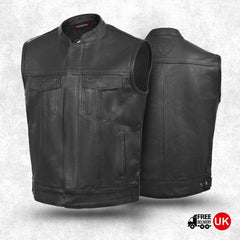 Men's black leather biker vest with Tornado logo and side lace detailing. Designed for riders, offering a combination of rugged style and comfort for long rides