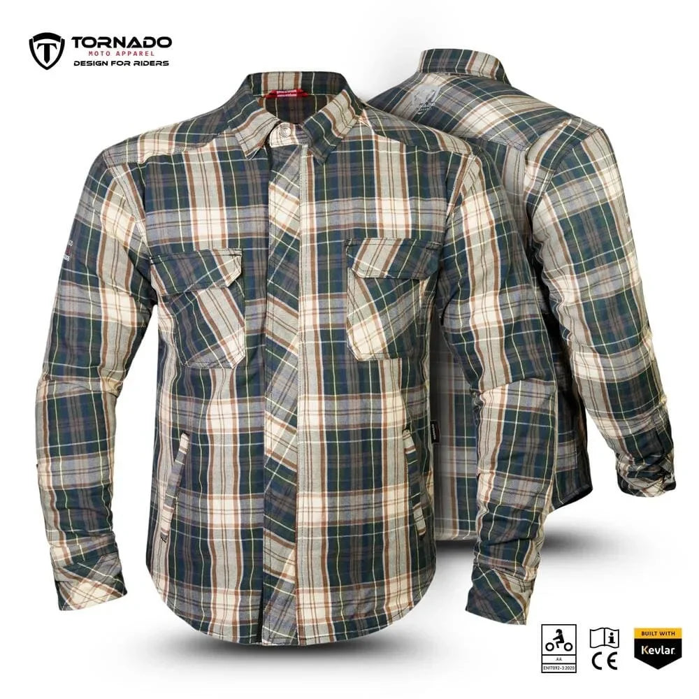 Front and back view of men’s green and blue plaid Kevlar motorcycle shirt with CE protection and Tornado Moto Apparel branding.