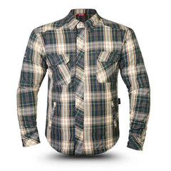 Men’s green and blue plaid Kevlar motorcycle shirt with front button closure and dual chest pockets.