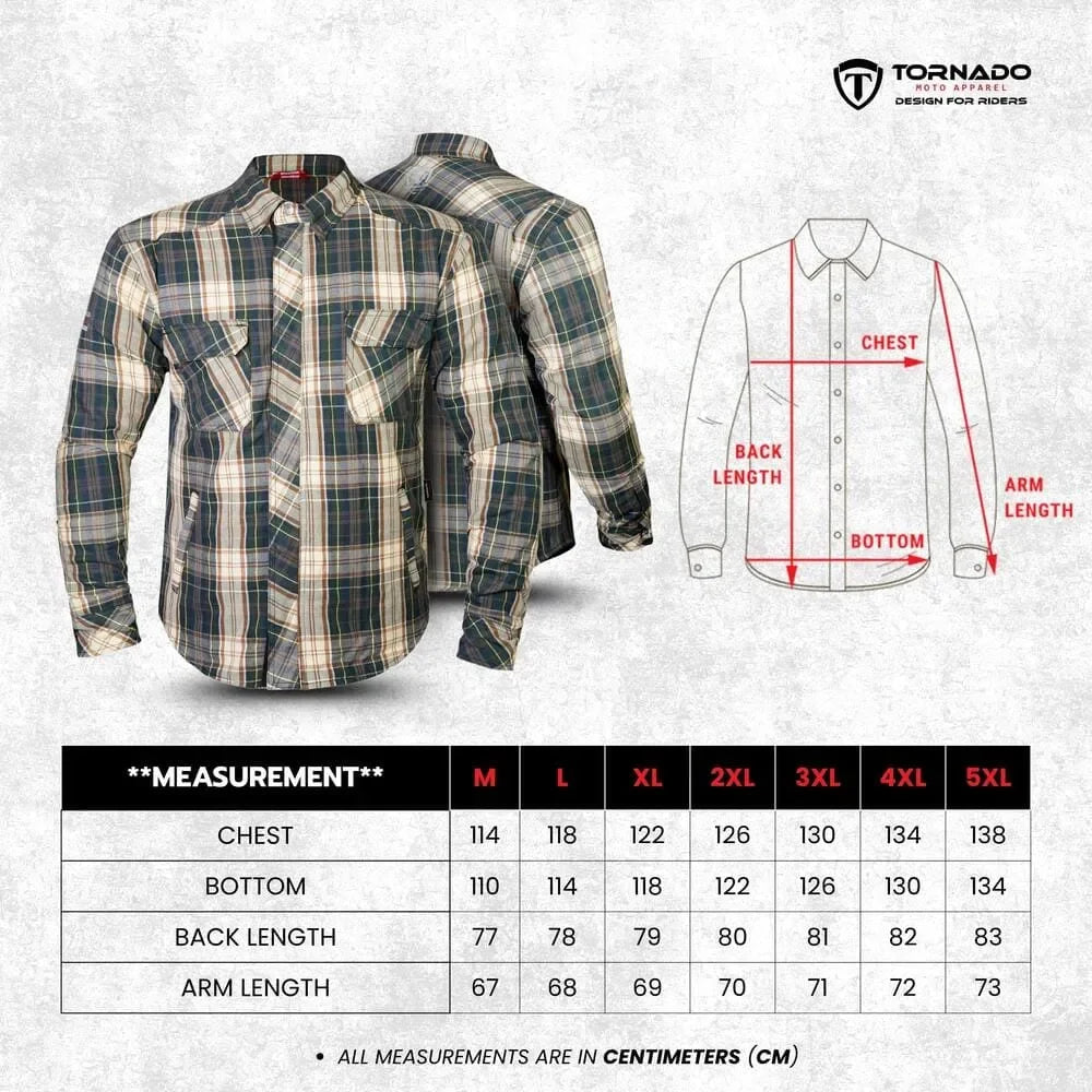 Size chart for men’s green and blue plaid Kevlar motorcycle shirt showing chest, bottom, back length, and arm length from M to 5XL.